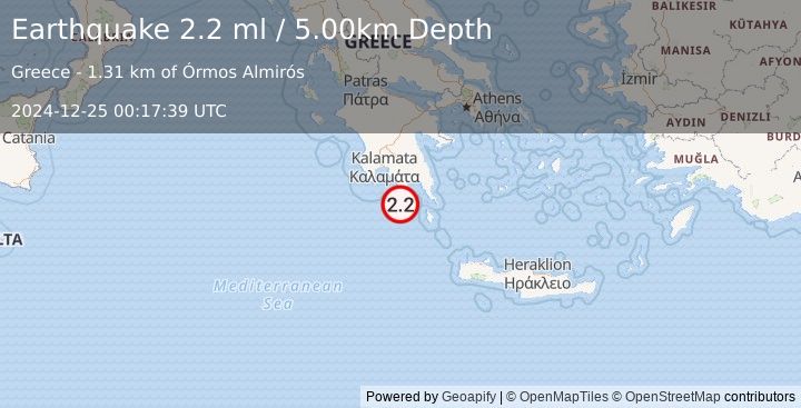 Earthquake SOUTHERN GREECE (2.4 ml) (2024-12-25 00:17:38 UTC)