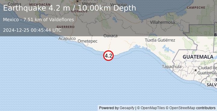 Earthquake OFFSHORE OAXACA, MEXICO (4.2 m) (2024-12-25 00:45:44 UTC)