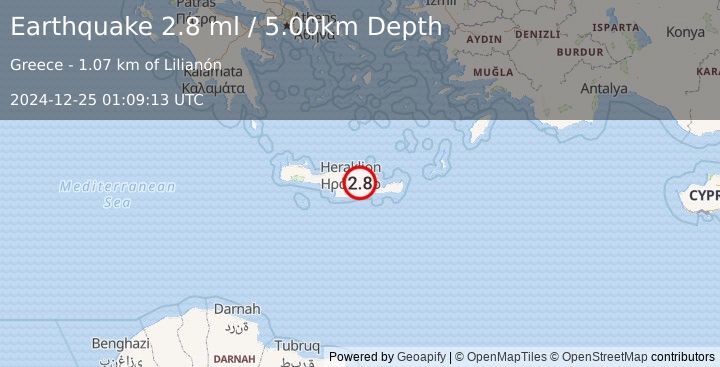 Earthquake CRETE, GREECE (2.8 ml) (2024-12-25 01:09:13 UTC)