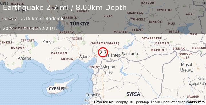 Earthquake CENTRAL TURKEY (2.7 ml) (2024-12-25 04:25:52 UTC)