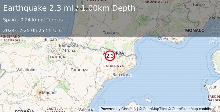 Earthquake PYRENEES (2.3 ml) (2024-12-25 05:25:55 UTC)