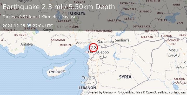 Earthquake TURKEY-SYRIA BORDER REGION (2.3 ml) (2024-12-25 05:27:04 UTC)