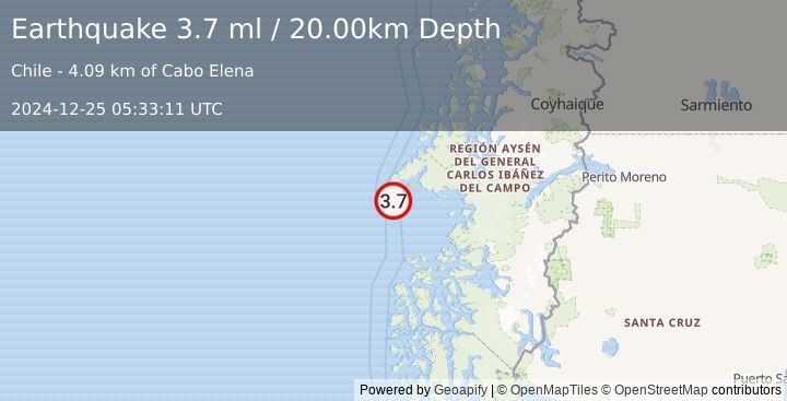 Earthquake NEAR COAST OF AISEN, CHILE (3.7 ml) (2024-12-25 05:33:11 UTC)