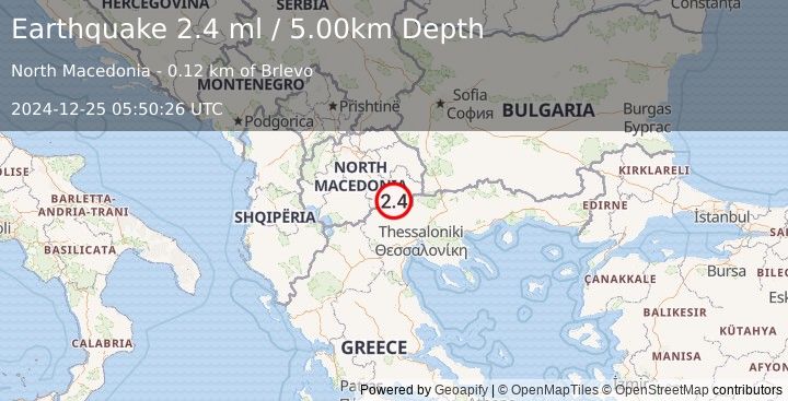 Earthquake REPUBLIC OF NORTH MACEDONIA (2.4 ml) (2024-12-25 05:50:26 UTC)