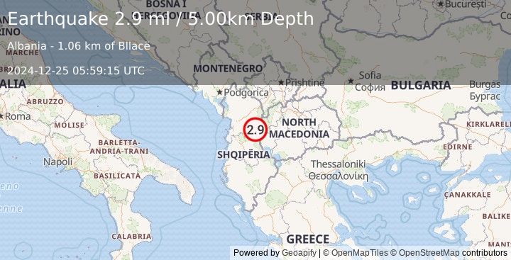 Earthquake ALBANIA (2.9 ml) (2024-12-25 05:59:15 UTC)