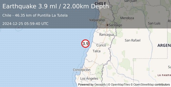 Earthquake OFFSHORE MAULE, CHILE (3.8 ml) (2024-12-25 05:59:37 UTC)