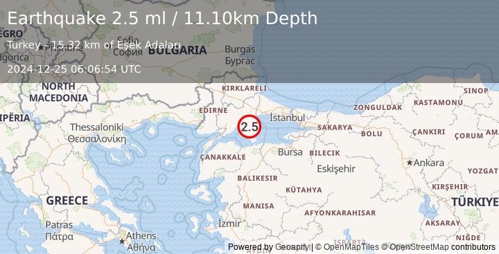 Earthquake WESTERN TURKEY (2.5 ml) (2024-12-25 06:06:54 UTC)