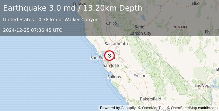 Earthquake SAN FRANCISCO BAY AREA, CALIF. (3.0 md) (2024-12-25 07:36:45 UTC)