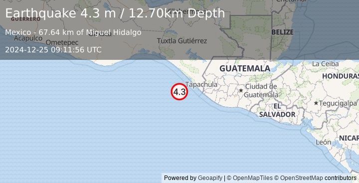 Earthquake OFFSHORE CHIAPAS, MEXICO (4.3 m) (2024-12-25 09:11:56 UTC)