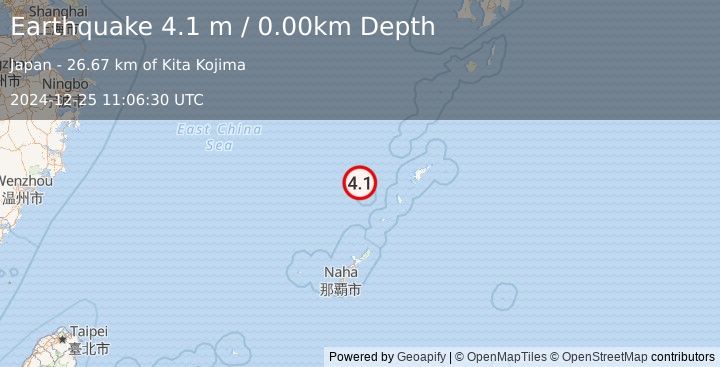 Earthquake RYUKYU ISLANDS, JAPAN (4.1 m) (2024-12-25 11:06:30 UTC)