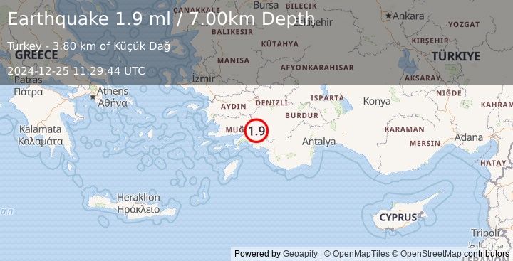 Earthquake WESTERN TURKEY (1.9 ml) (2024-12-25 11:29:44 UTC)