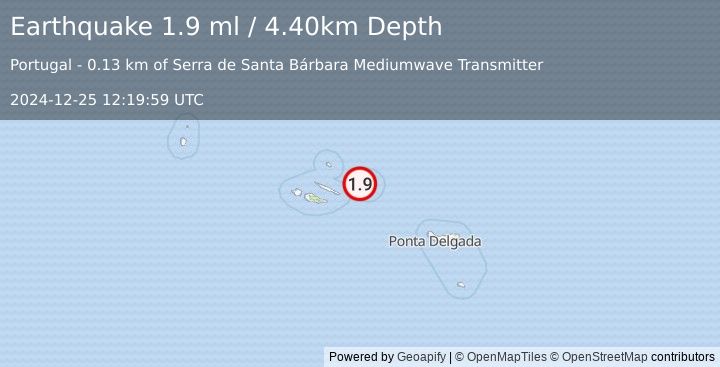 Earthquake AZORES ISLANDS, PORTUGAL (1.9 ml) (2024-12-25 12:19:59 UTC)