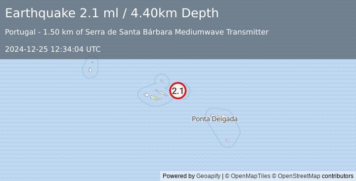 Earthquake AZORES ISLANDS, PORTUGAL (2.1 ml) (2024-12-25 12:34:04 UTC)