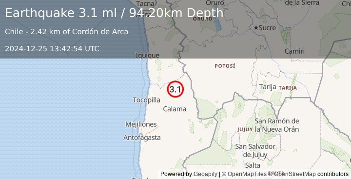 Earthquake ANTOFAGASTA, CHILE (3.1 ml) (2024-12-25 13:42:54 UTC)