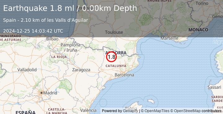 Earthquake PYRENEES (1.8 ml) (2024-12-25 14:03:42 UTC)