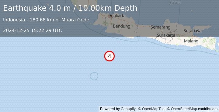 Earthquake SOUTH OF JAVA, INDONESIA (4.0 m) (2024-12-25 15:22:29 UTC)