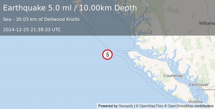 Earthquake VANCOUVER ISLAND, CANADA REGION (4.9 mb) (2024-12-25 21:39:27 UTC)