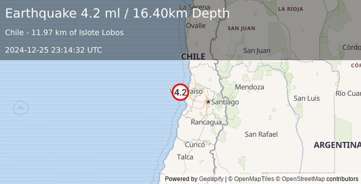 Earthquake OFFSHORE VALPARAISO, CHILE (4.2 ml) (2024-12-25 23:14:32 UTC)