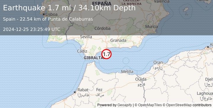 Earthquake STRAIT OF GIBRALTAR (1.7 ml) (2024-12-25 23:25:49 UTC)