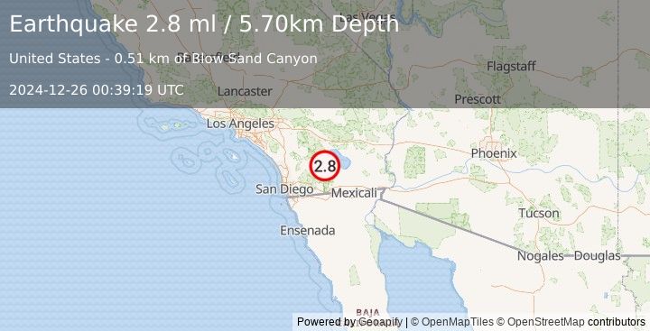 Earthquake SOUTHERN CALIFORNIA (2.8 ml) (2024-12-26 00:39:19 UTC)