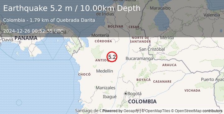 Earthquake NORTHERN COLOMBIA (5.0 mw) (2024-12-26 00:52:42 UTC)