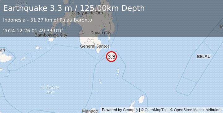 Earthquake MINDANAO, PHILIPPINES (3.3 m) (2024-12-26 01:49:33 UTC)