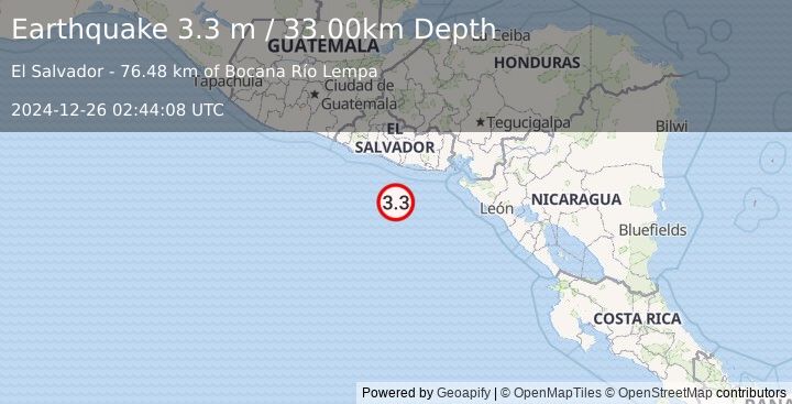 Earthquake OFFSHORE EL SALVADOR (3.3 m) (2024-12-26 02:44:08 UTC)