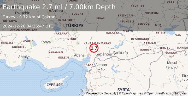 Earthquake CENTRAL TURKEY (2.7 ml) (2024-12-26 04:26:47 UTC)