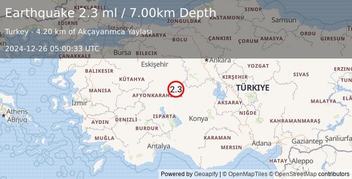 Earthquake WESTERN TURKEY (2.3 ml) (2024-12-26 05:00:33 UTC)