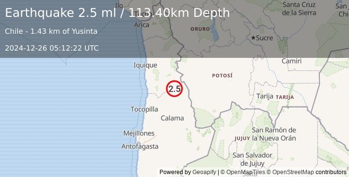 Earthquake TARAPACA, CHILE (2.5 ml) (2024-12-26 05:12:22 UTC)