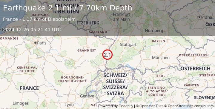 Earthquake FRANCE-GERMANY BORDER REGION (2.1 ml) (2024-12-26 05:21:41 UTC)