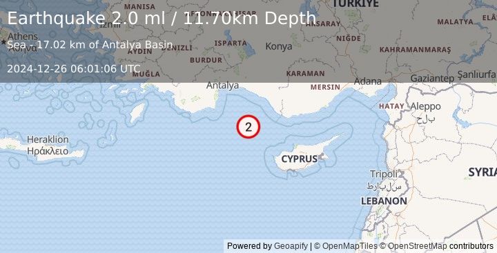 Earthquake CYPRUS REGION (2.0 ml) (2024-12-26 06:01:06 UTC)