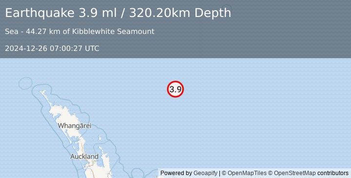 Earthquake SOUTH OF KERMADEC ISLANDS (3.9 ml) (2024-12-26 07:00:27 UTC)