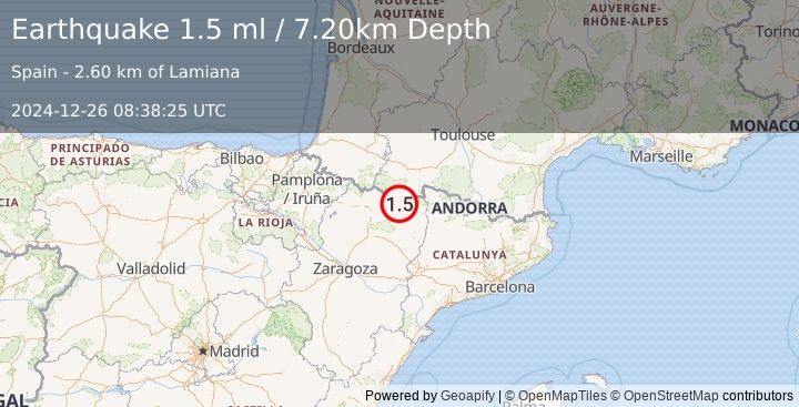 Earthquake PYRENEES (1.5 ml) (2024-12-26 08:38:25 UTC)