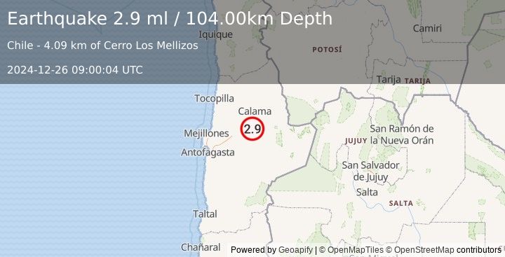 Earthquake ANTOFAGASTA, CHILE (2.9 ml) (2024-12-26 09:00:04 UTC)