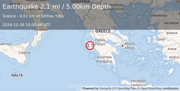 Earthquake IONIAN SEA (2.1 ml) (2024-12-26 10:00:46 UTC)