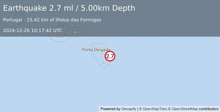 Earthquake AZORES ISLANDS REGION (2.7 ml) (2024-12-26 10:17:42 UTC)