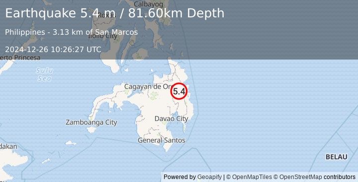 Earthquake MINDANAO, PHILIPPINES (5.5 m) (2024-12-26 10:26:23 UTC)