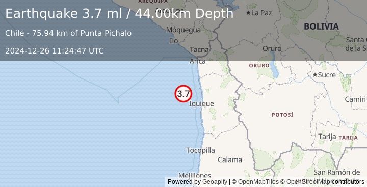 Earthquake OFFSHORE TARAPACA, CHILE (3.7 ml) (2024-12-26 11:24:47 UTC)