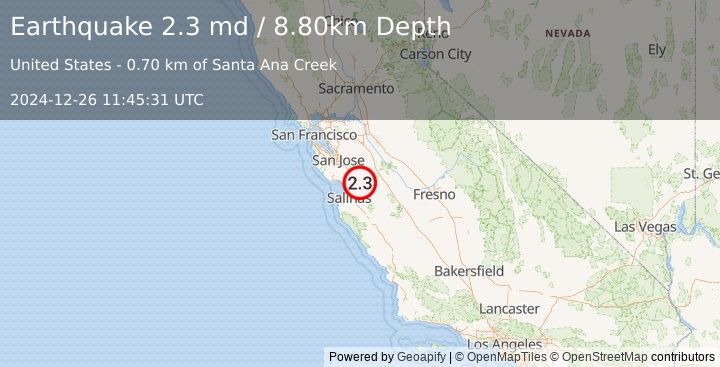 Earthquake CENTRAL CALIFORNIA (2.3 md) (2024-12-26 11:45:31 UTC)