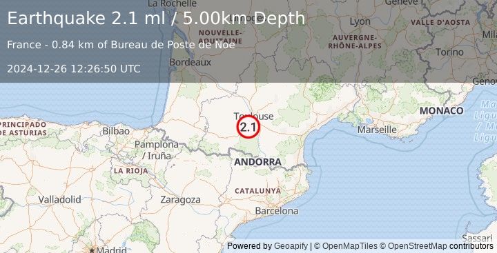 Earthquake FRANCE (2.1 ml) (2024-12-26 12:26:50 UTC)