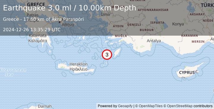 Earthquake DODECANESE IS.-TURKEY BORDER REG (3.2 ml) (2024-12-26 13:35:30 UTC)