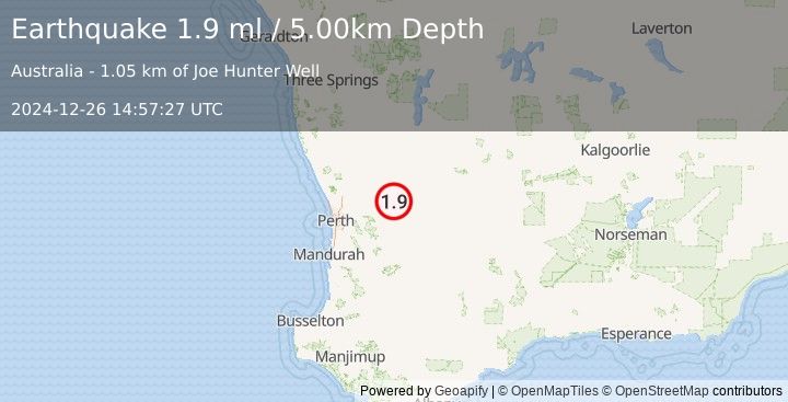 Earthquake WESTERN AUSTRALIA (1.9 ml) (2024-12-26 14:57:27 UTC)