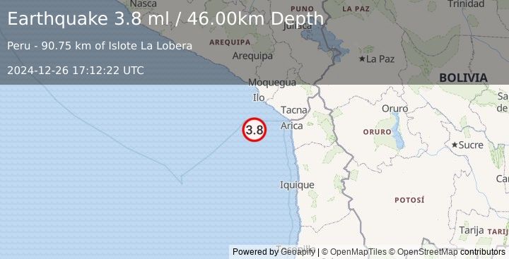 Earthquake OFF COAST OF TARAPACA, CHILE (4.0 m) (2024-12-26 17:12:21 UTC)