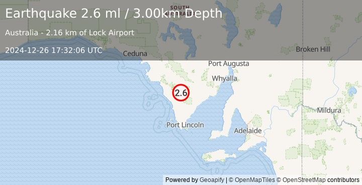 Earthquake NEAR COAST OF SOUTH AUSTRALIA (2.6 ml) (2024-12-26 17:32:06 UTC)