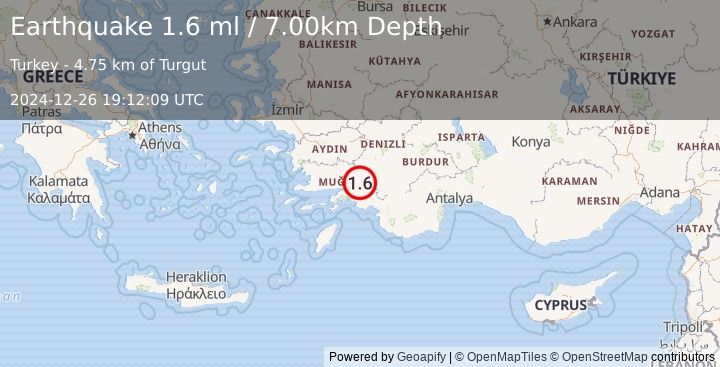 Earthquake WESTERN TURKEY (1.6 ml) (2024-12-26 19:12:09 UTC)