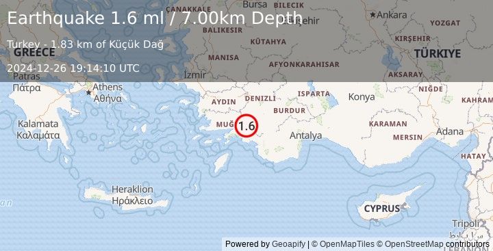 Earthquake WESTERN TURKEY (1.6 ml) (2024-12-26 19:14:10 UTC)