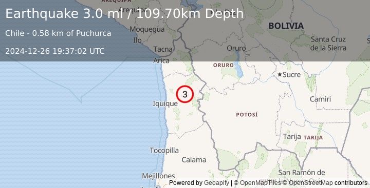 Earthquake TARAPACA, CHILE (3.0 ml) (2024-12-26 19:37:02 UTC)