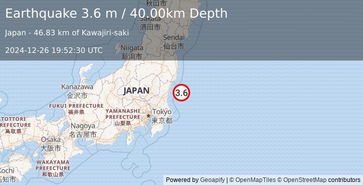 Earthquake NEAR EAST COAST OF HONSHU, JAPAN (3.6 m) (2024-12-26 19:52:30 UTC)