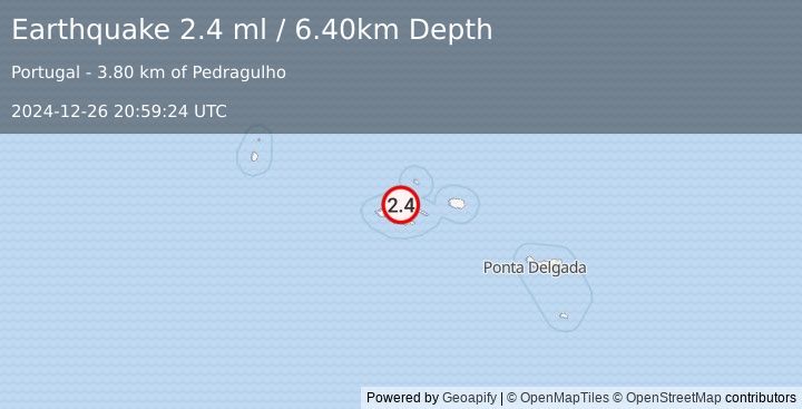 Earthquake AZORES ISLANDS, PORTUGAL (2.4 ml) (2024-12-26 20:59:24 UTC)